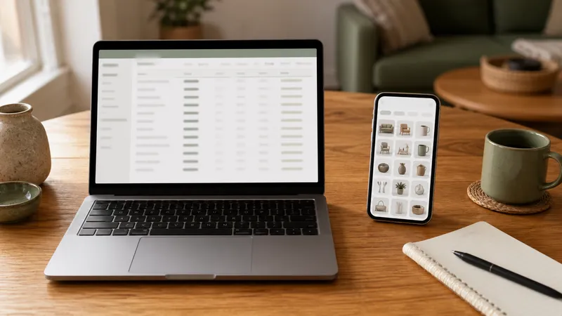 Split view of a laptop showing a home inventory spreadsheet next to a phone showing an inventory app with item photos.