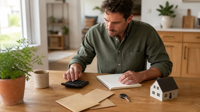 Homeowner at a kitchen table reviewing a maintenance budget spreadsheet next to a calculator, house floor plan, and folder of receipts.