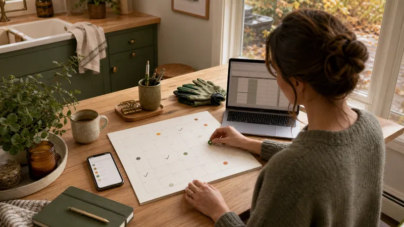 Homeowner at a kitchen counter comparing a paper wall calendar, a phone note, and a laptop spreadsheet for tracking home tasks.