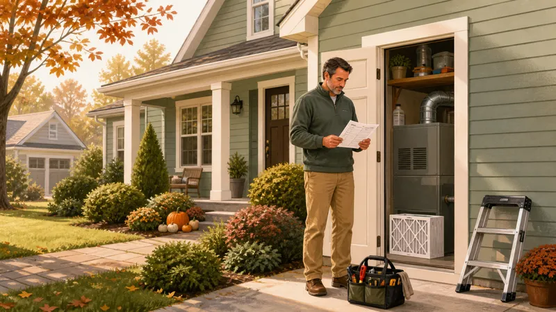 Homeowner reviewing a maintenance checklist beside an open utility closet with a furnace, air filters, and a tool bag.