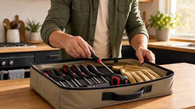 New homeowner opening a small toolbox on a kitchen counter, sorting a screwdriver set, tape measure, and flashlight.