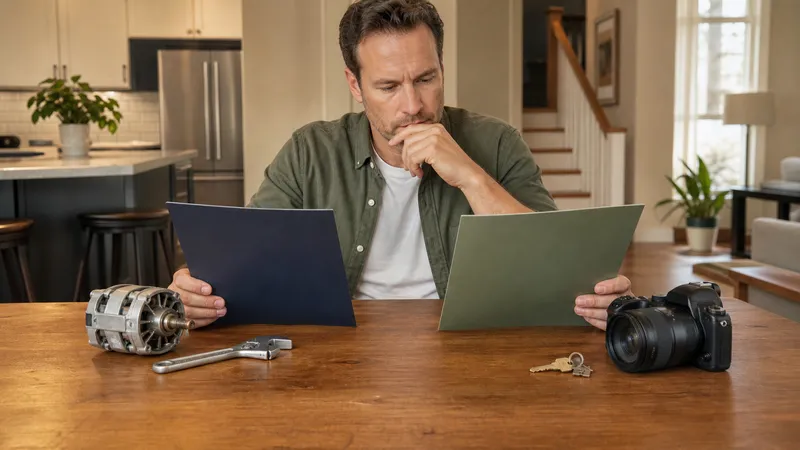 Two documents side by side on a kitchen counter, a home warranty service contract and a homeowners insurance policy, next to a coffee mug.