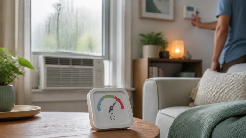 Digital hygrometer on a living room shelf reading 62% relative humidity next to a running window-unit thermostat set to a cold temperature.