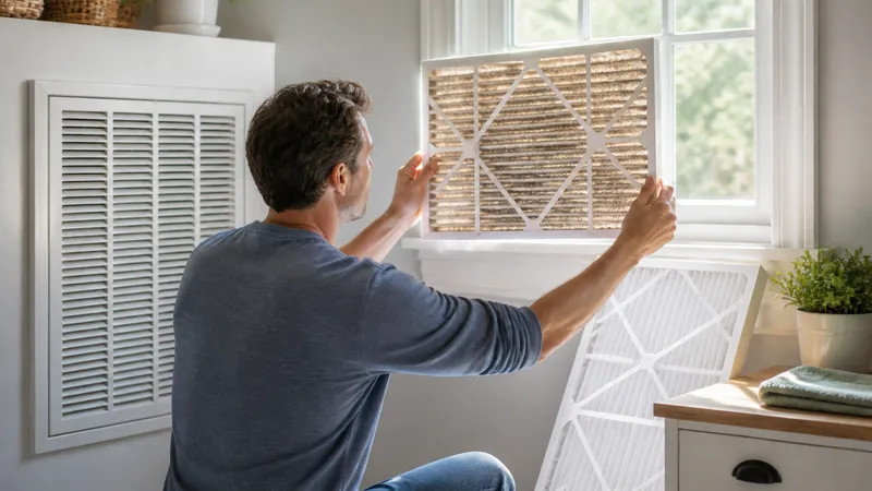 Homeowner holding a dusty AC filter up to a window to check how much light passes through it.
