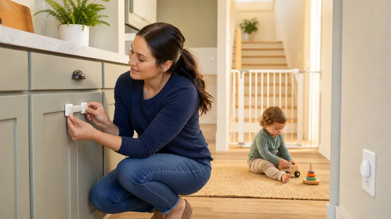 Parent kneeling beside a low cabinet in a kitchen, installing a safety latch while a toddler plays nearby.