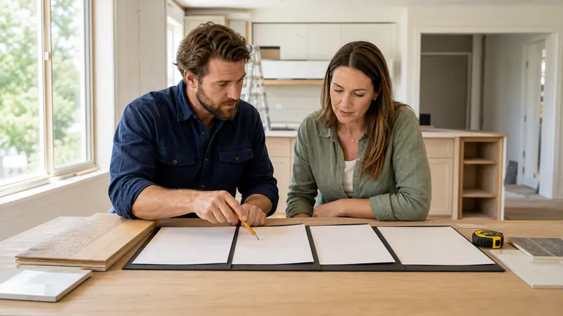 Homeowner at a kitchen table comparing three printed contractor quotes side by side with a highlighter and calculator.