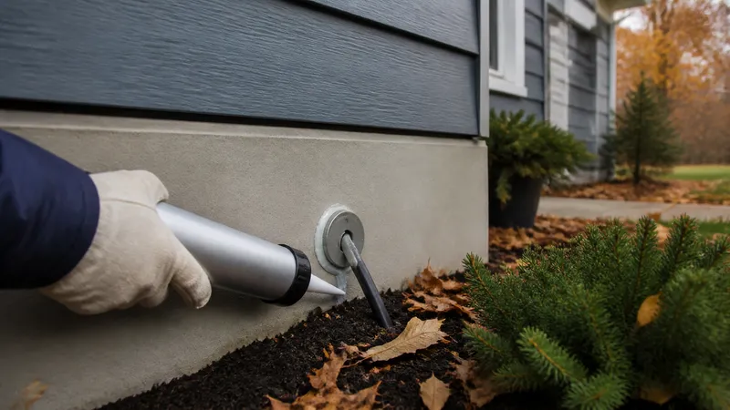 Homeowner applying caulk around an exterior utility pipe entry point near the foundation of a house.