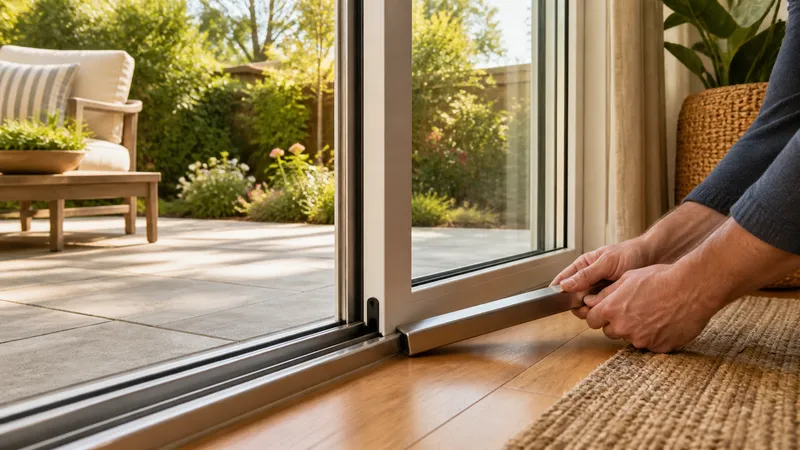 Interior view of a sliding glass patio door with a metal security bar installed in the bottom track.