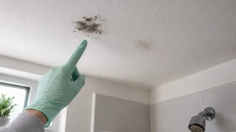 Close-up of a homeowner's gloved hand pointing at a patch of dark, fuzzy growth on a bathroom ceiling next to a lighter, powdery patch.