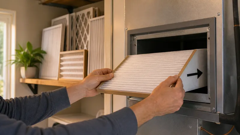 Homeowner sliding a pleated air filter into a wall-mounted furnace return, with a stack of differently sized replacement filters nearby.