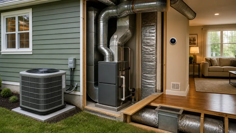 Cutaway-style view of a house showing the outdoor condenser, indoor furnace and coil, ductwork, and wall thermostat as one connected system.