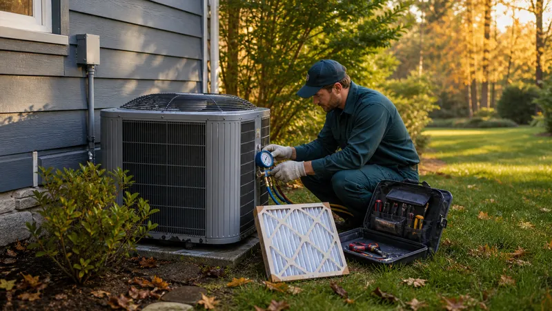 Technician kneeling beside an outdoor HVAC condenser unit with a service gauge attached, house siding in the background.