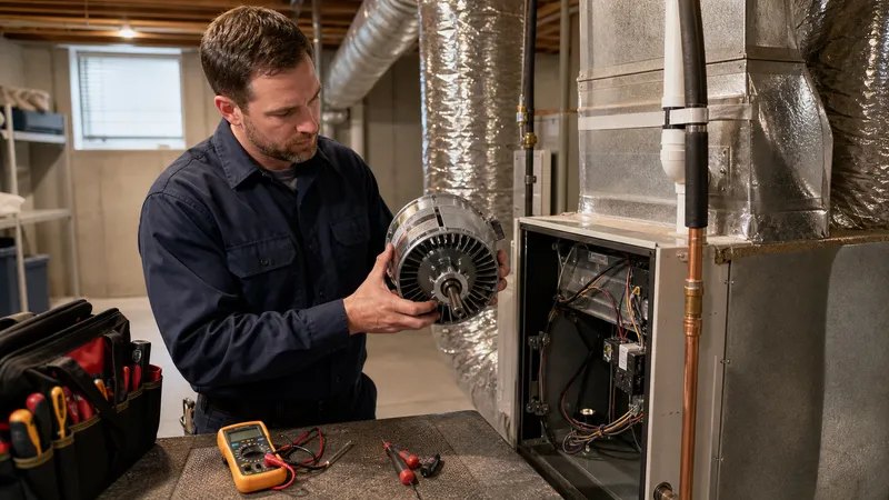 HVAC technician holding a clipboard and multimeter beside an open outdoor condenser unit, discussing a repair estimate with a homeowner.