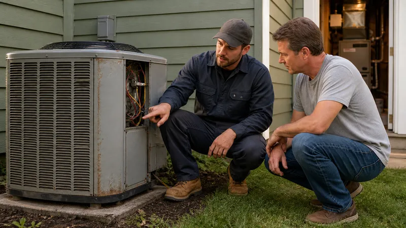 Homeowner and technician standing beside an aging outdoor condenser unit, one pointing at a rusted panel seam.