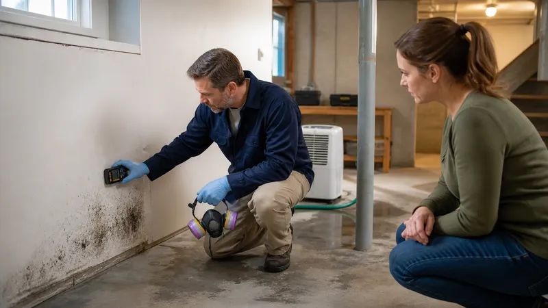 Home inspector pointing a flashlight at a dark stain on a basement wall while a buyer looks on with the inspection report in hand.