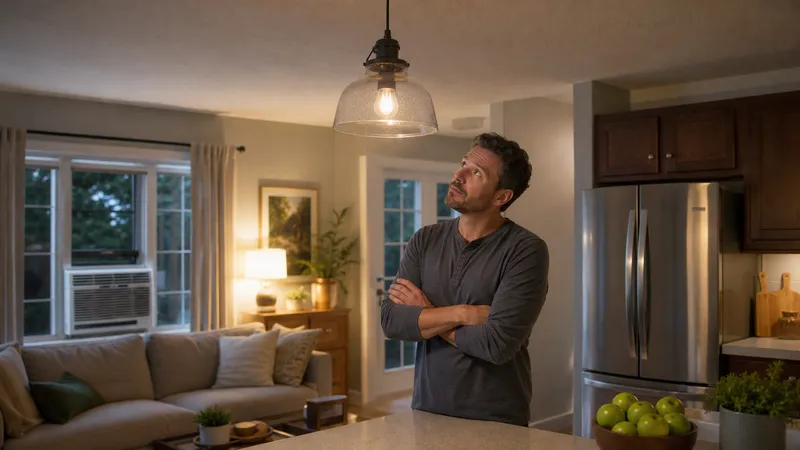 A ceiling light dimming slightly next to a window air conditioner and a kitchen refrigerator, showing the moment a compressor starts.