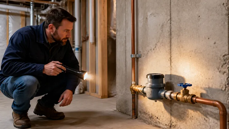Homeowner in a basement utility area pointing a flashlight at a water main shutoff valve near the meter.