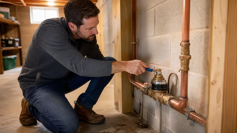 Homeowner kneeling beside a basement wall, turning a ball-valve handle on the main water line near the meter.