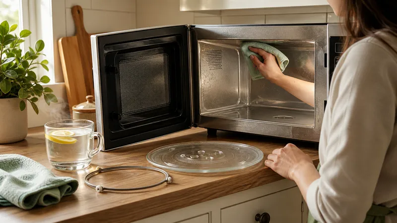 Homeowner wiping down the interior of an open microwave with a cloth, turntable removed and set on the counter beside it.
