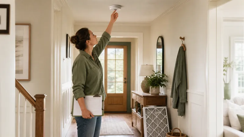 Homeowner walking through a kitchen and utility closet with a checklist, testing an outlet and checking an HVAC filter.