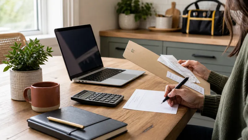 Homeowner at a kitchen table with a laptop, calculator, and a folder of home repair receipts, sketching out a savings plan.