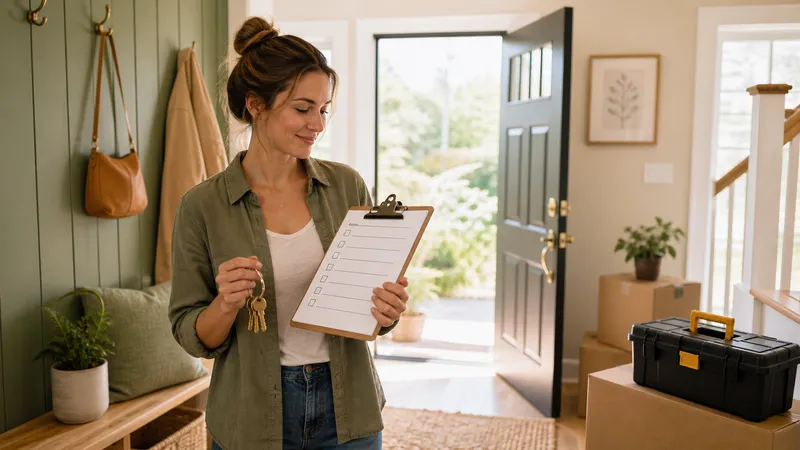 New homeowner sitting on the floor of an empty living room surrounded by moving boxes, reviewing a checklist on a clipboard.