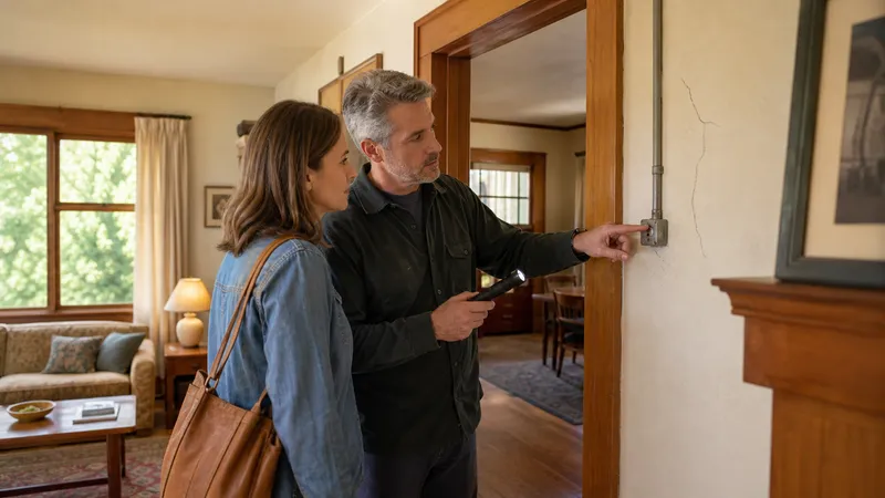 A buyer and inspector examining an exposed knob-and-tube wiring junction and a hairline plaster crack in the basement of an older house.