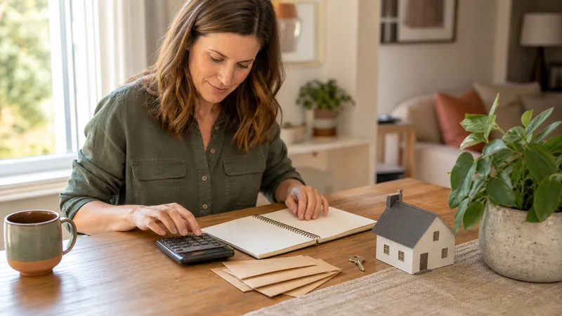 Homeowner at a kitchen table calculating a maintenance budget with a calculator, a home value estimate, and a notebook.