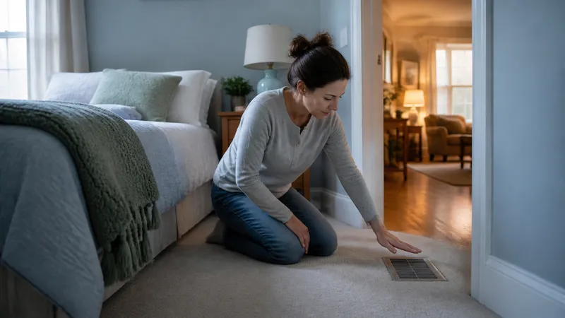Homeowner kneeling beside a floor supply register in a bedroom, holding a hand up to feel for airflow.