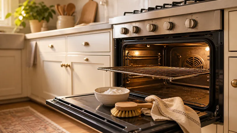 Open oven interior mid-cleaning with a rack pulled out, a bowl of baking soda paste, and a cloth beside the closed glass door.
