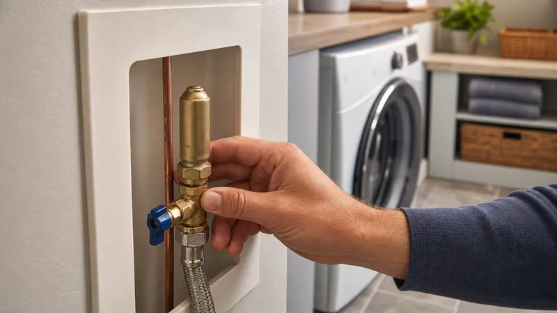 Water hammer arrestor screwed onto a washing machine supply valve behind a laundry hookup box.