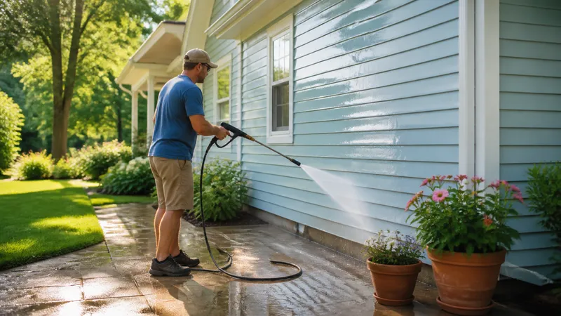 Homeowner power washing vinyl siding at eye level with the wand angled downward, standing a few feet back from the house.