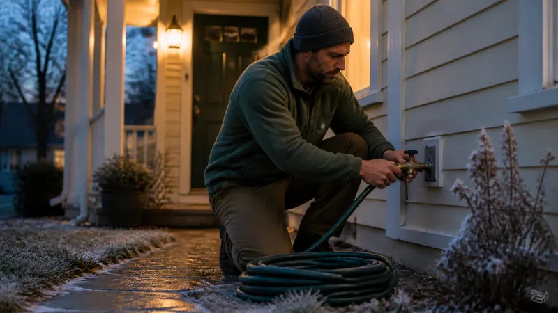 Homeowner disconnecting a garden hose from an exterior spigot at dusk with frost starting to form on the grass.