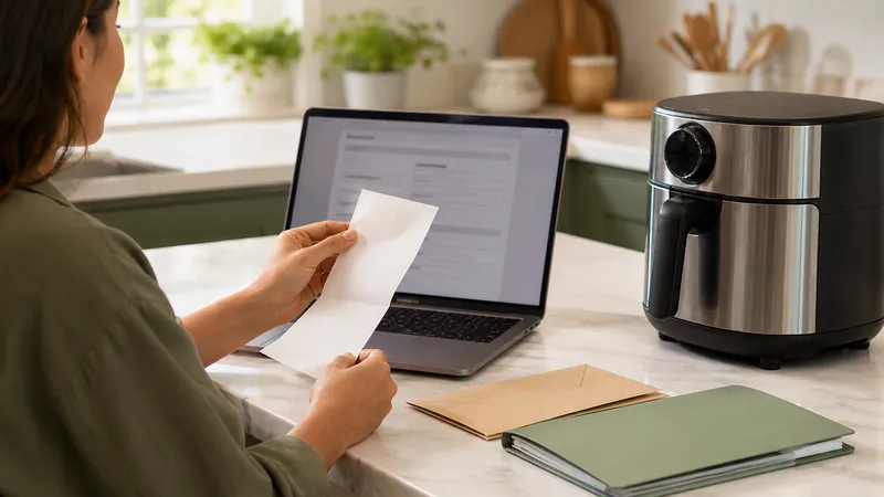 Homeowner holding a printed receipt next to an appliance while checking a warranty claim form on a laptop.