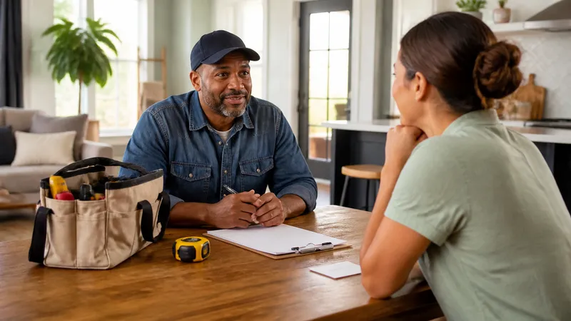 Homeowner at a kitchen table reviewing a written contractor estimate next to a laptop showing a license lookup page.