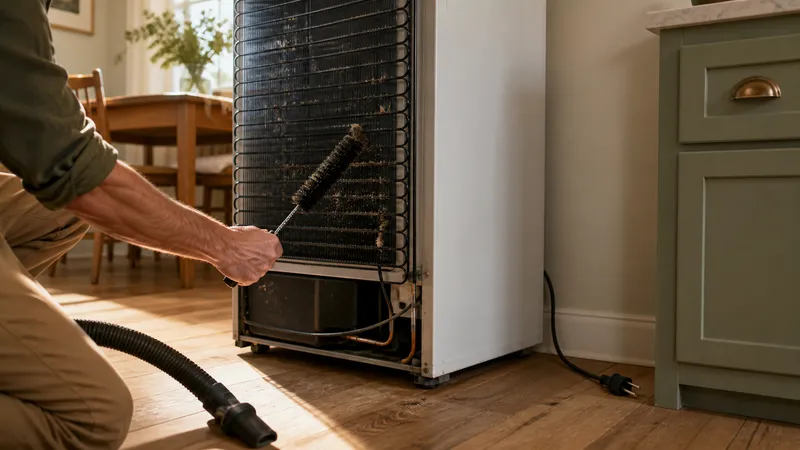 Person kneeling behind a pulled-out refrigerator, using a long coil brush to clean dust off the condenser coils.