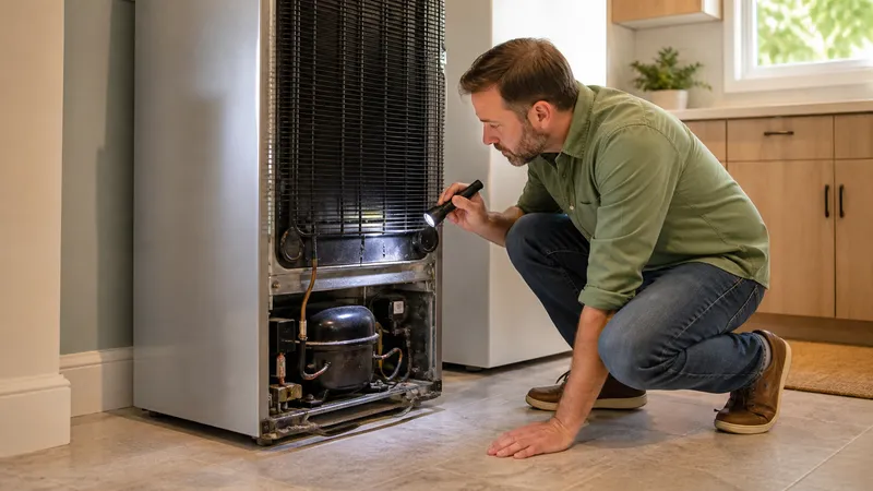 Homeowner crouched behind a pulled-out refrigerator, checking the compressor and coils at the base of the unit.