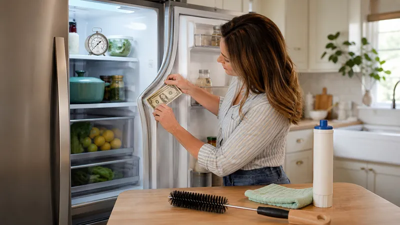 Homeowner pulling a refrigerator away from the wall to vacuum dusty condenser coils on the back panel.