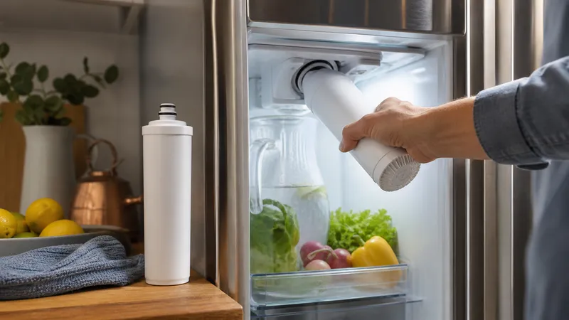 Hand twisting a cylindrical water filter cartridge out of a refrigerator's interior filter housing.