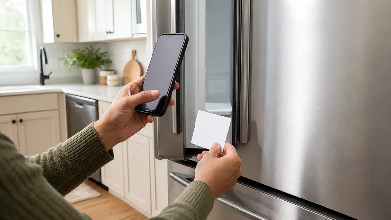 Homeowner typing a model and serial number into a manufacturer's warranty registration form on a laptop next to a new appliance.