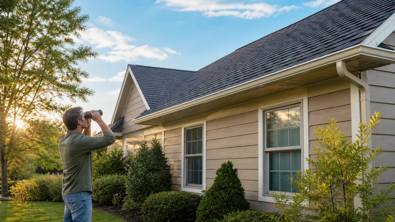 Homeowner standing on the ground looking up at a shingle roof and gutter line through binoculars, checking for damage.