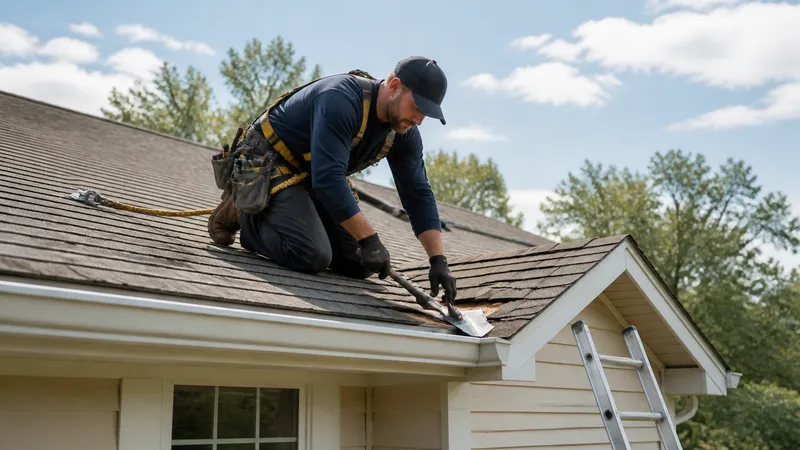 Roofer kneeling on an asphalt shingle roof section, replacing damaged shingles near a chimney with a nail gun and shingle bundle nearby.