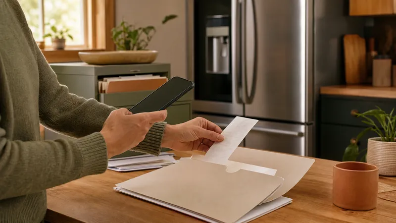 Homeowner photographing a paper appliance receipt with a phone next to a small stack of folded receipts on a kitchen counter.