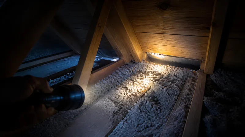 Flashlight beam illuminating attic insulation and a gap at the roof eave where an animal could enter.