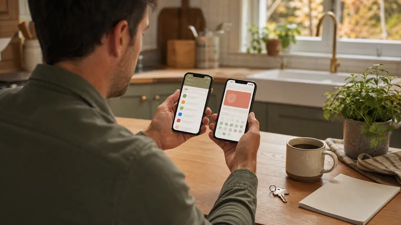 Homeowner comparing two smartphone apps side by side at a kitchen counter, one showing a maintenance checklist and the other a warranty document.