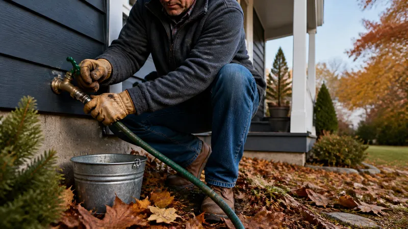 Homeowner outside in fall disconnecting a garden hose from an exterior spigot before the first freeze.