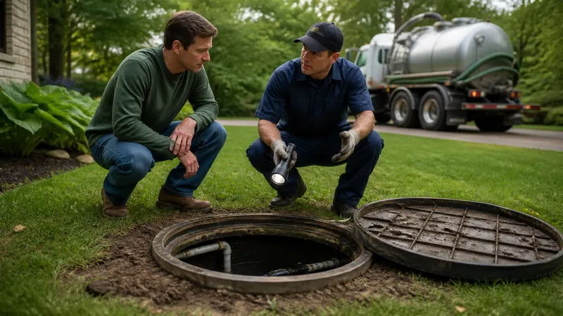 Homeowner and septic service technician standing over an open septic tank access lid in a backyard, with a pump truck hose nearby.