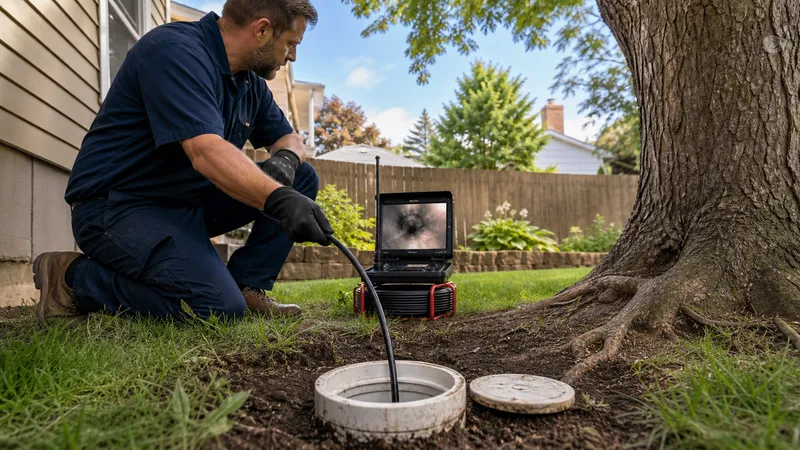 Plumber feeding a video camera cable into a sewer cleanout pipe outside a house, with a monitor showing the pipe interior.