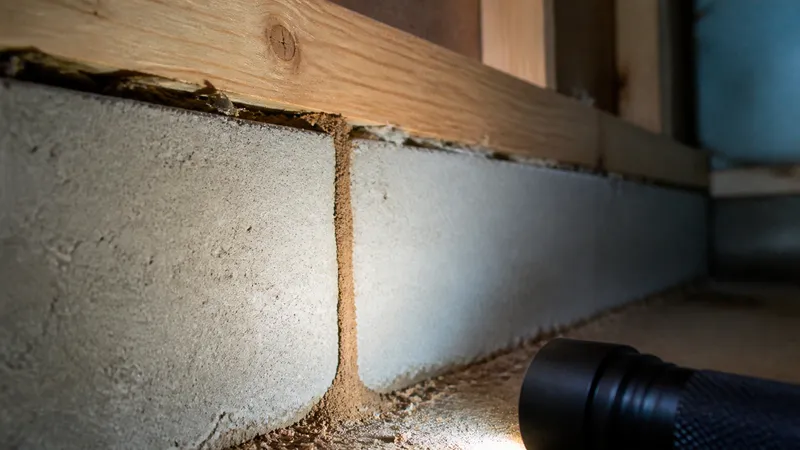 Close-up of a pencil-width mud tube running up a concrete foundation wall next to a wood sill plate.