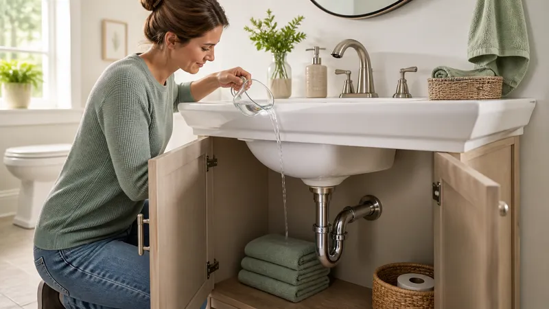 Homeowner pouring a cup of water down a rarely used bathroom sink drain to refill a dry P-trap under the cabinet.